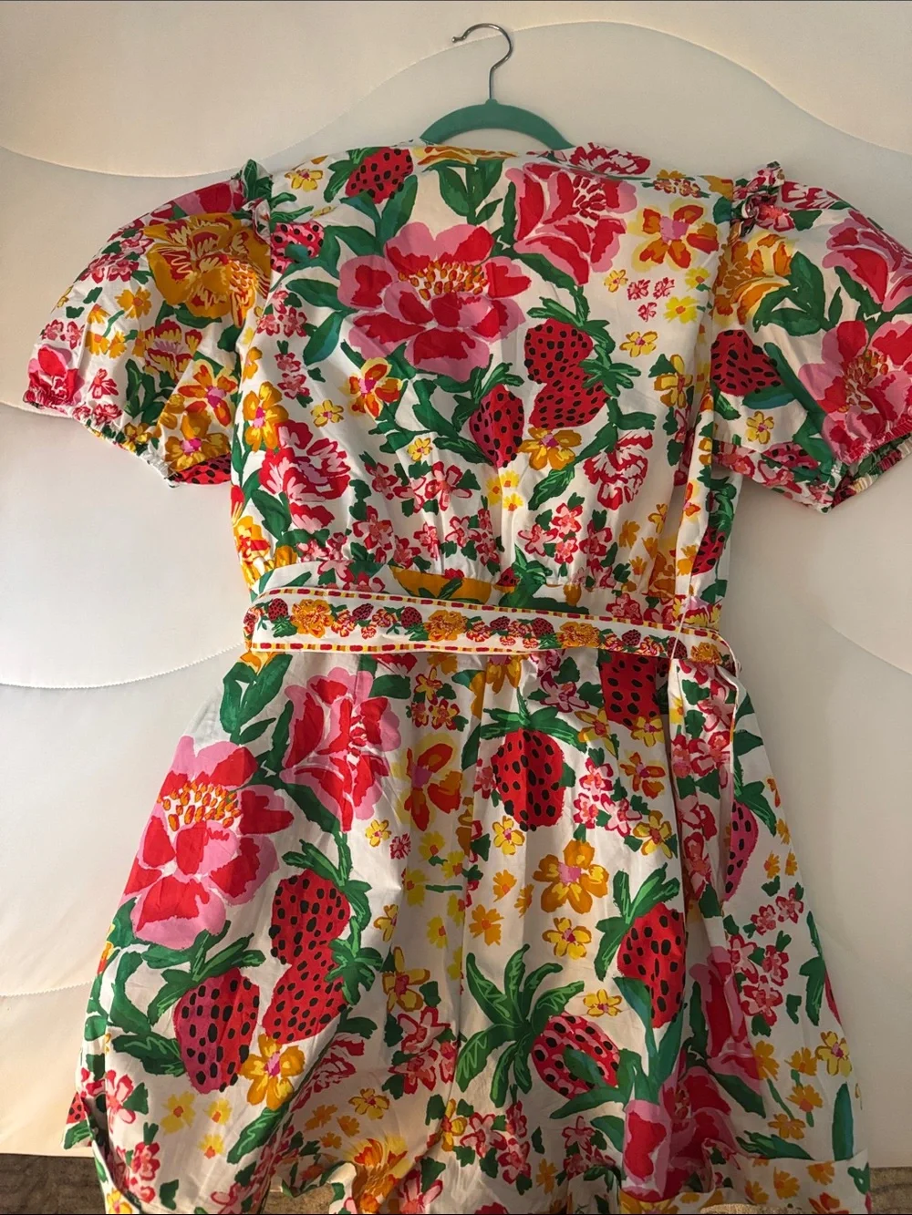 FARM Rio White Floral & Strawberry Wrap Romper in Yellow, Green, Red